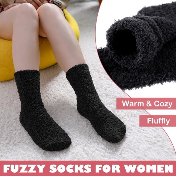 Women Fuzzy Socks Cozy Fluffy Winter Warm Slipper Microfiber Soft Sleep Black - Picture 5 of 6